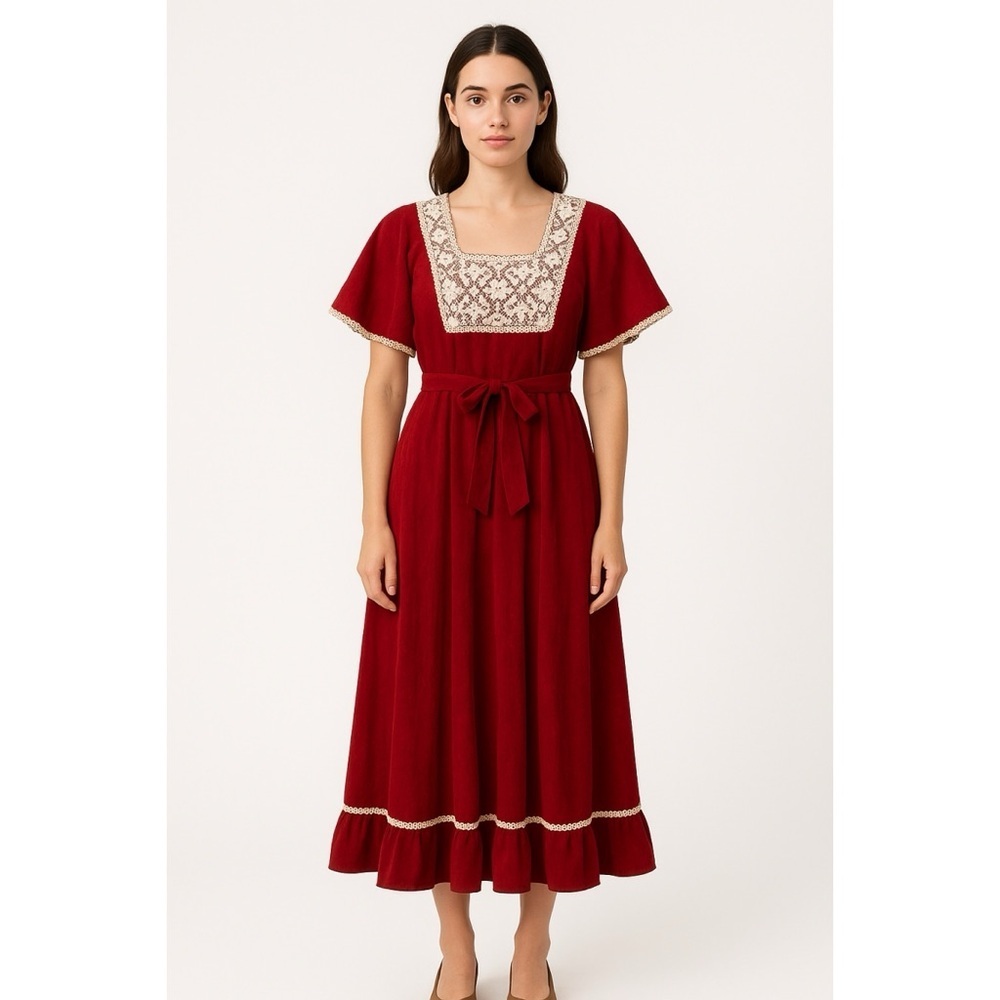Montgomery Ward Vintage 70s Garnet Red Velvet Yoke Tie Front Prairie Dress